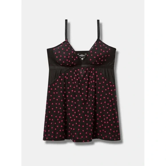 Torrid Black Mesh Flocked French Pink Hearts Babydoll Lingerie Chemise Size 2 2X - Picture 4 of 9